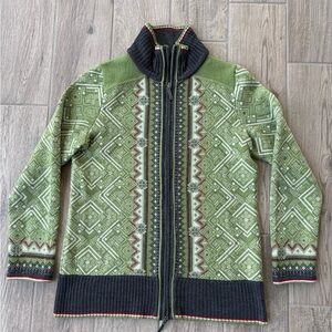 Eddie Bauer Sweater Green Fair
Isle Long Sleeve Full Zip 100% Wool Size Large